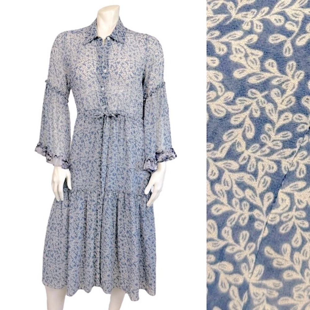 MISA Los Angeles Blue White Sheer Floral Chiffon Button Up Bell Sleeve MidiDress